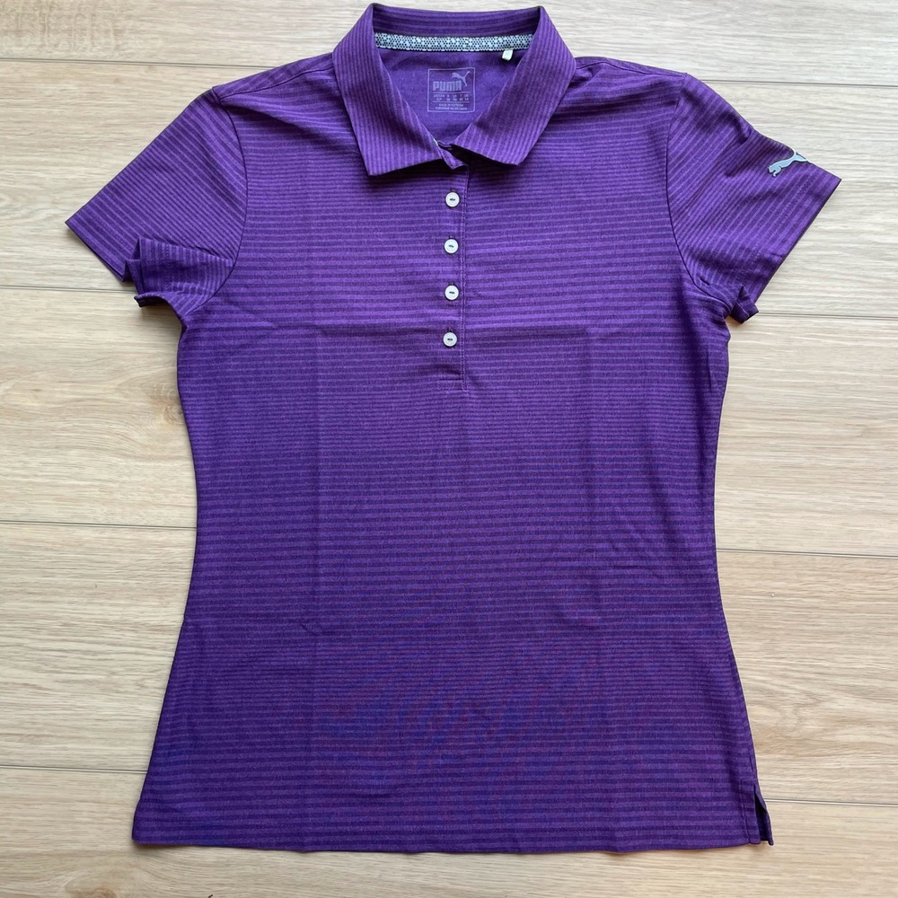 Puma Womens DryCell Golf Polo Shirt Purple Striped Short Sleeve Size Small